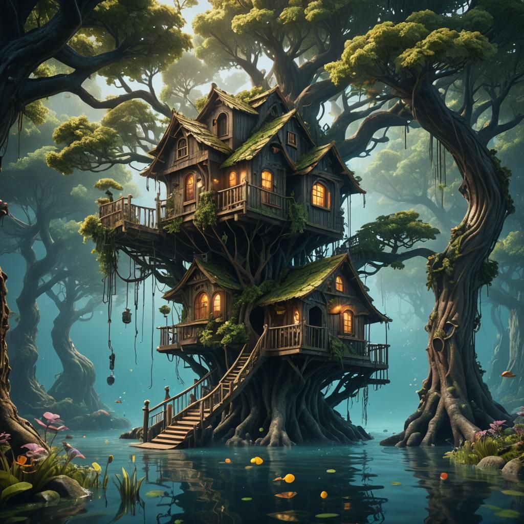 Underwater Treehouse in Detailed Matte Painting Style