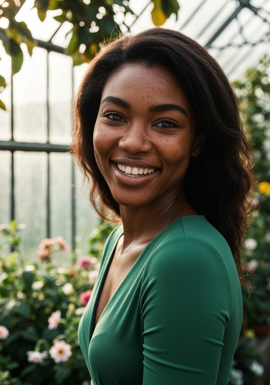 Beautiful Black Woman Portrait in Lush Greenhouse
