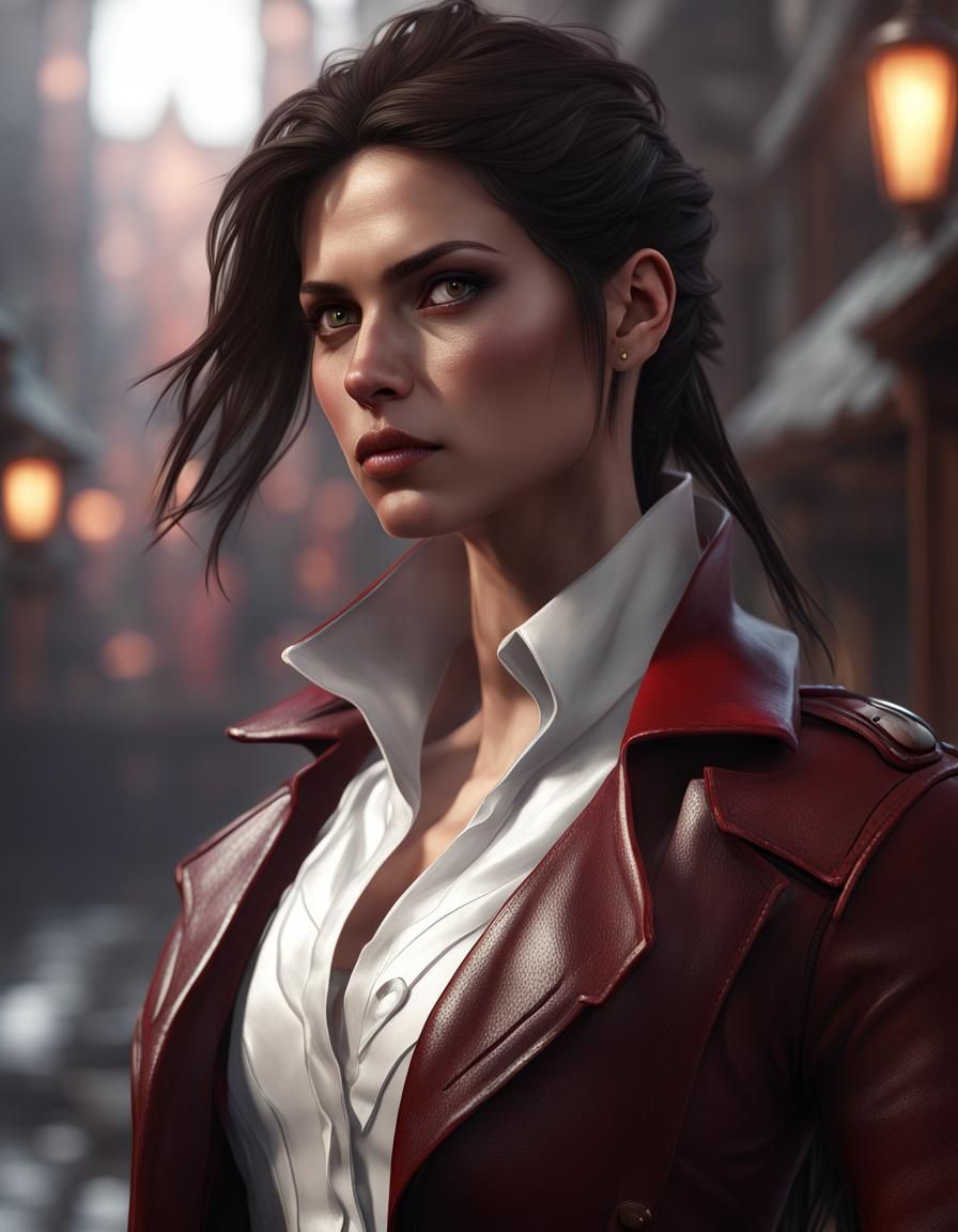 Brunette Brawler in Red Leather Coat: Fantasy Art