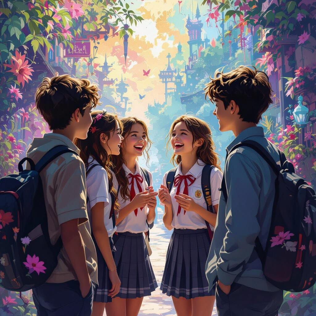 Girls Chatting Surrounded by Boys, Dreamlike Matte Painting