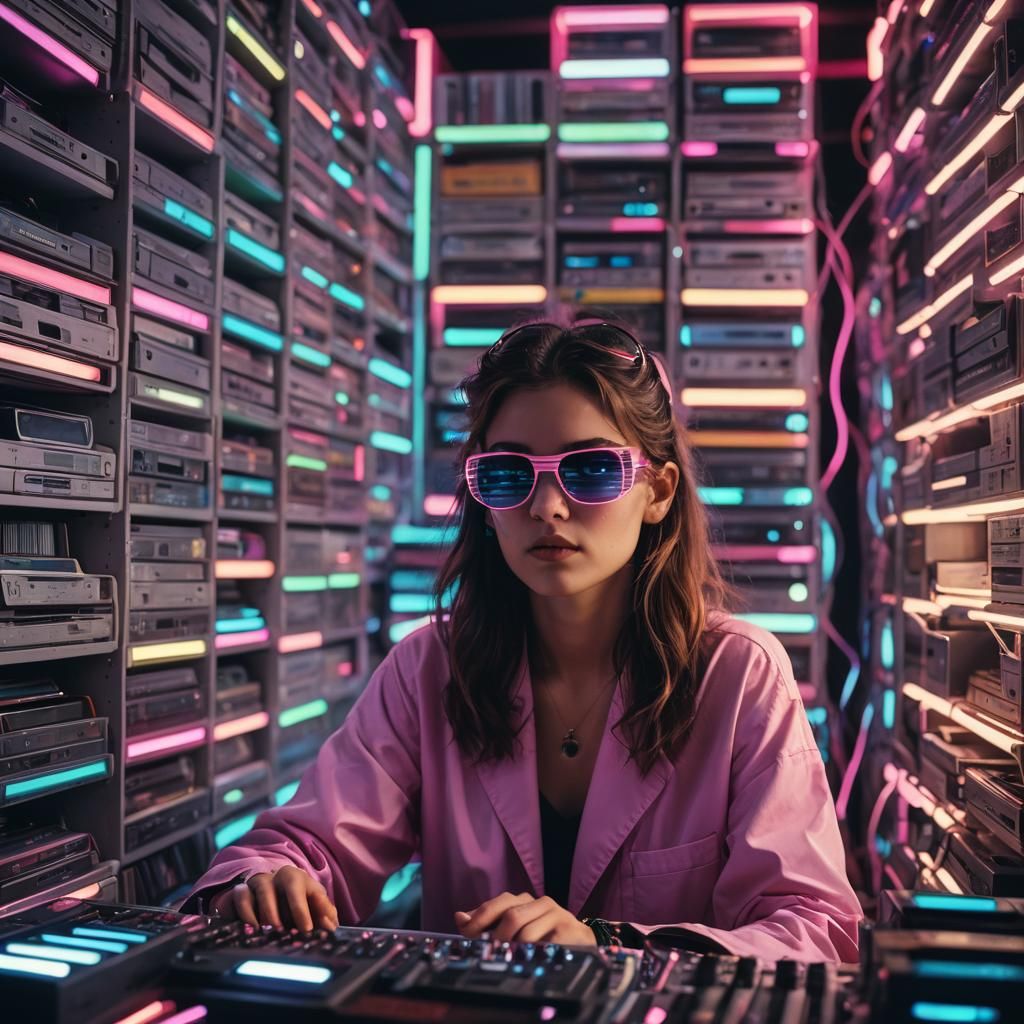 Synthwave Woman in Retro Neon Library