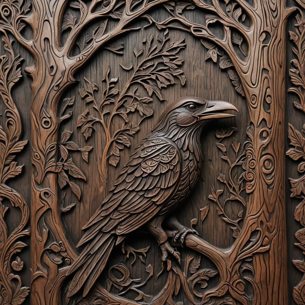 Viking Odin's Raven Carving in Dark Wood