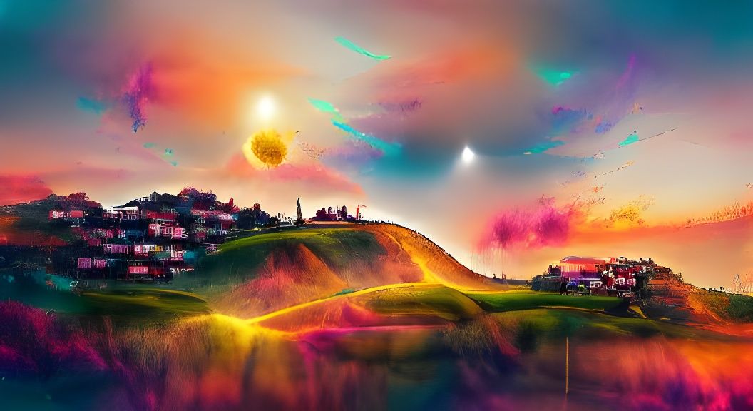Astral Sunset Hill: Iridescent Digital Illustration