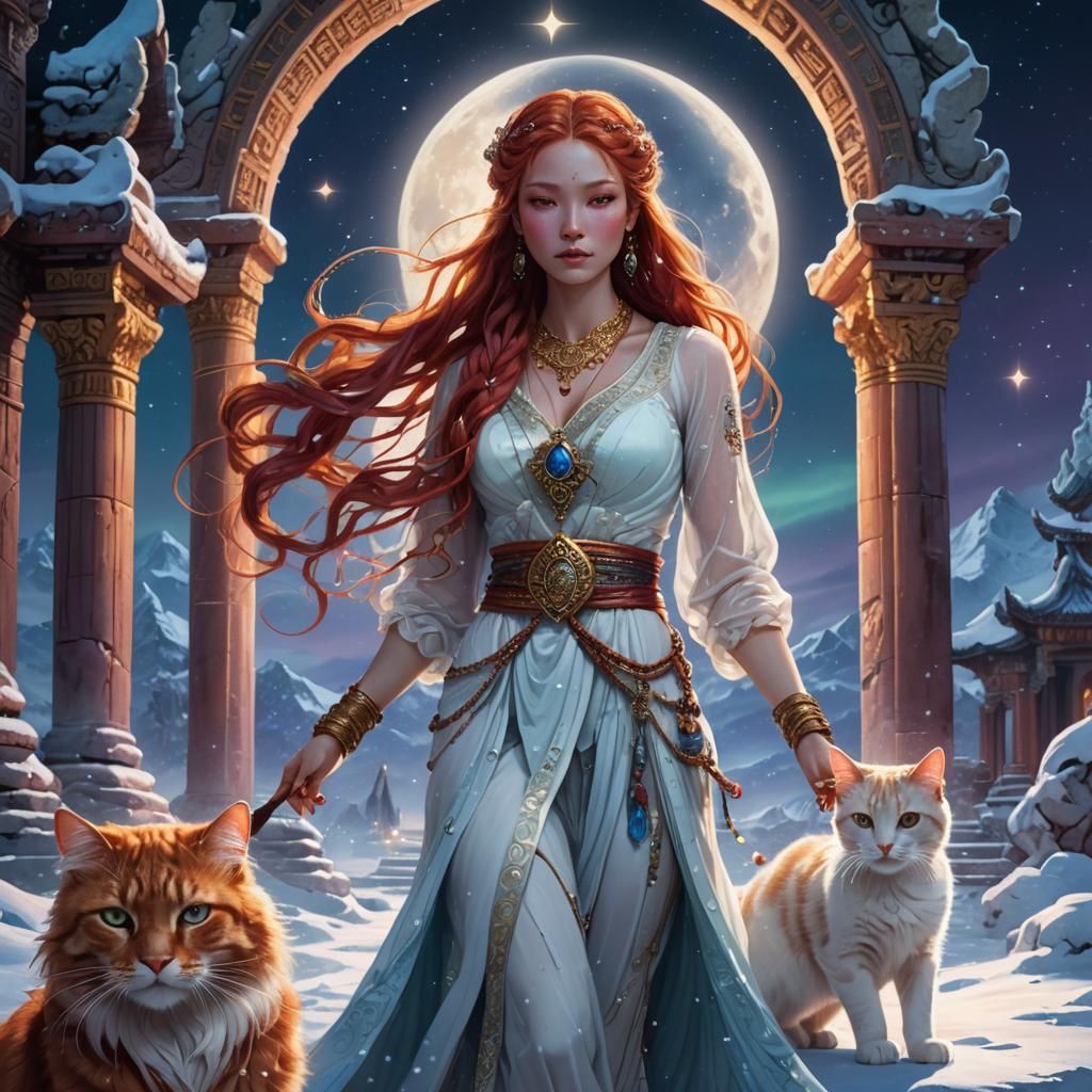 Goddess with Cat in Snowy Temple, Fantasy Art