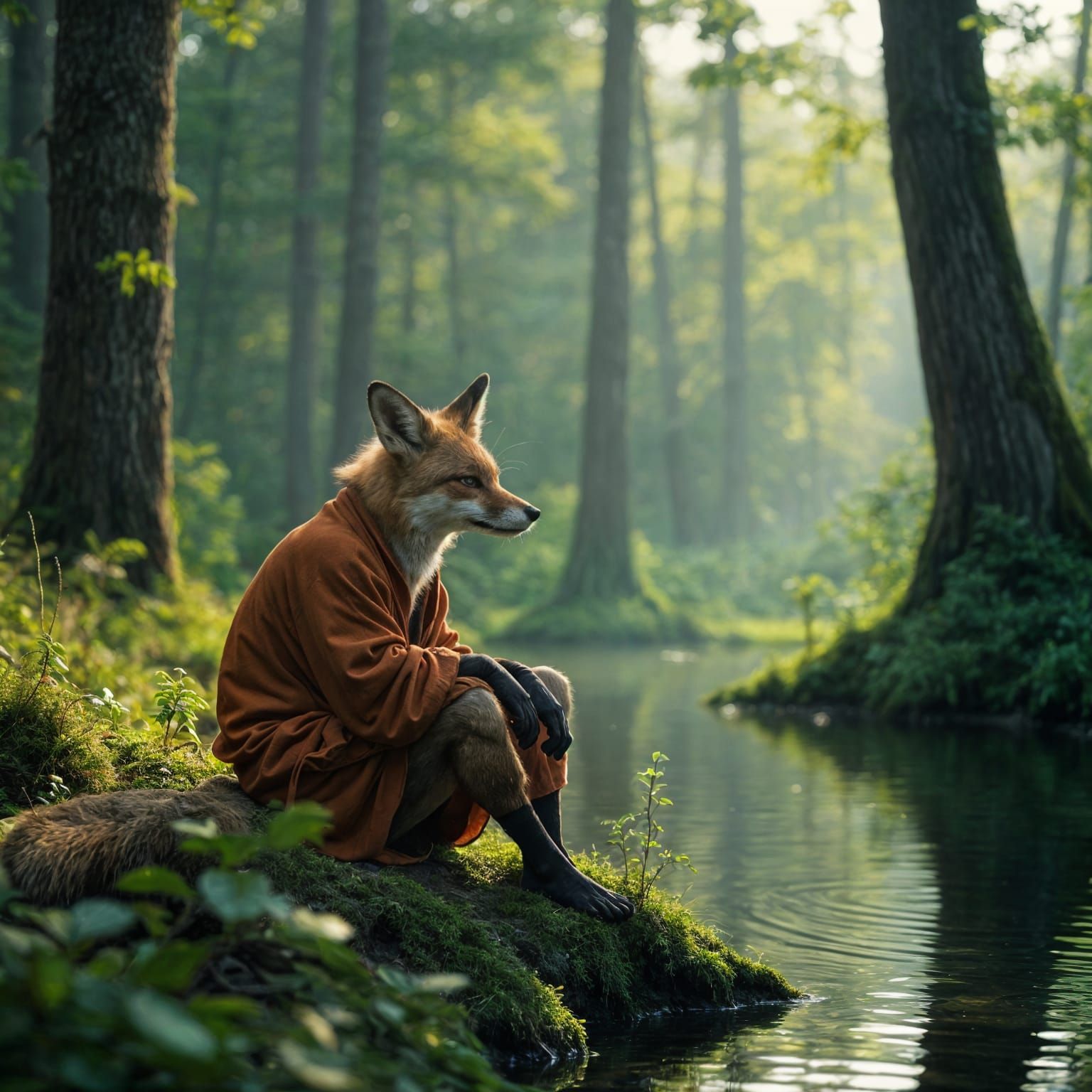 Fox Druid Relaxing by Lake: Cinematic Film Still