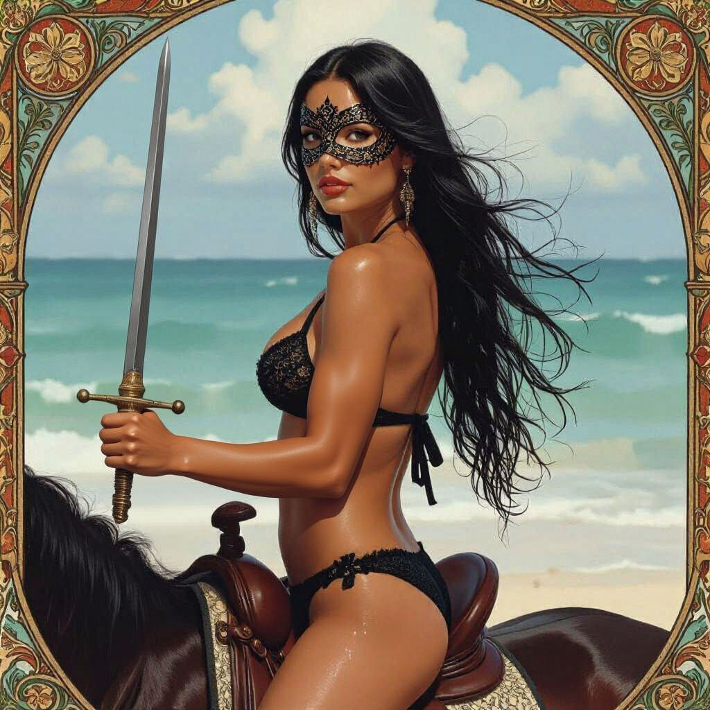 Latina Horse Rider with Rapier in Art Nouveau Style