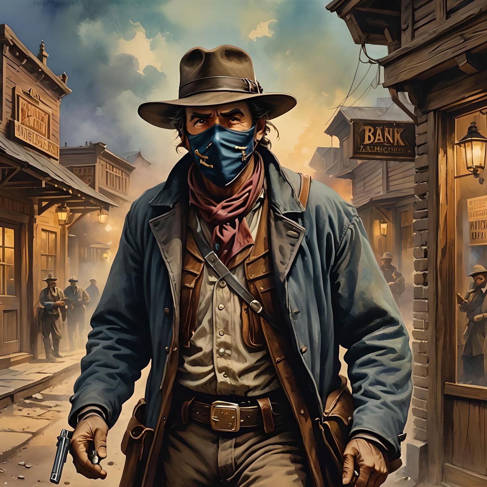 Masked Bandit in Old West, Watercolor Style