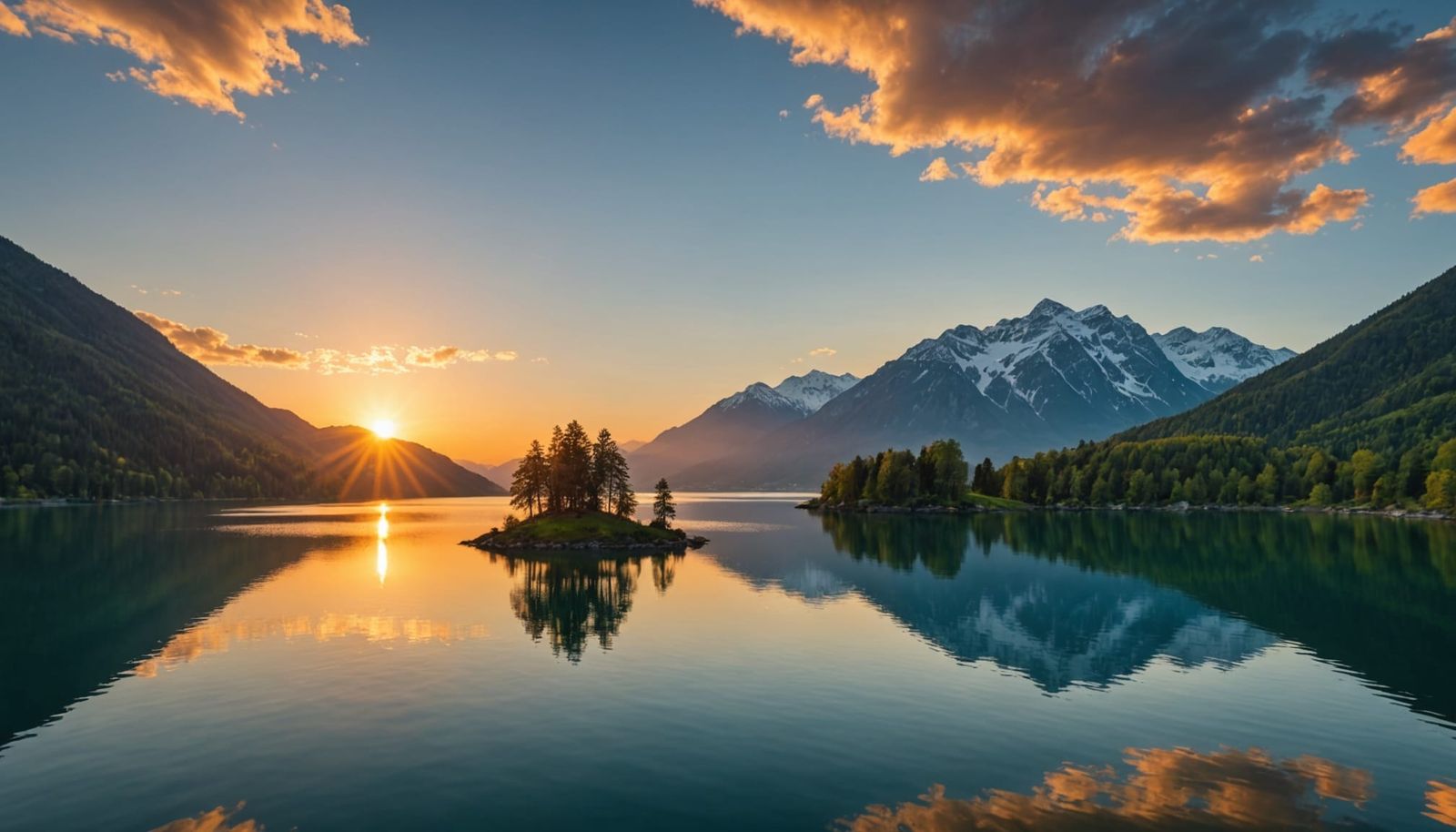 Sunset Over Mountain Lake Island