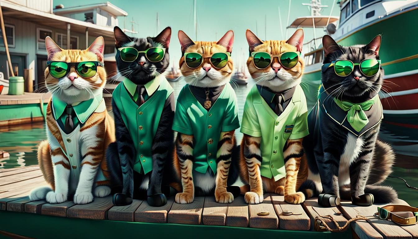Hip Cats Gather by the Dock in Hyper-Realistic Style