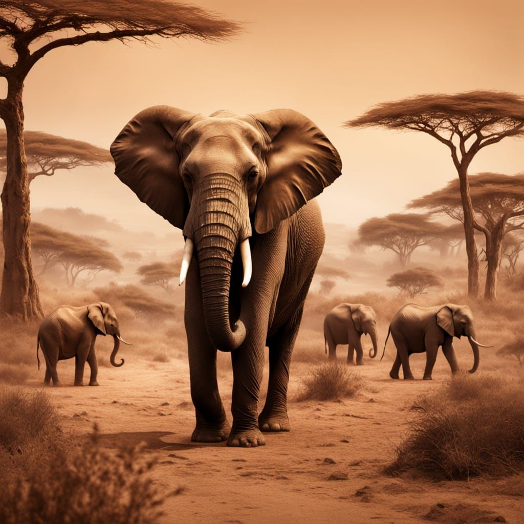 African Elephant Double Exposure in Sepia Tones