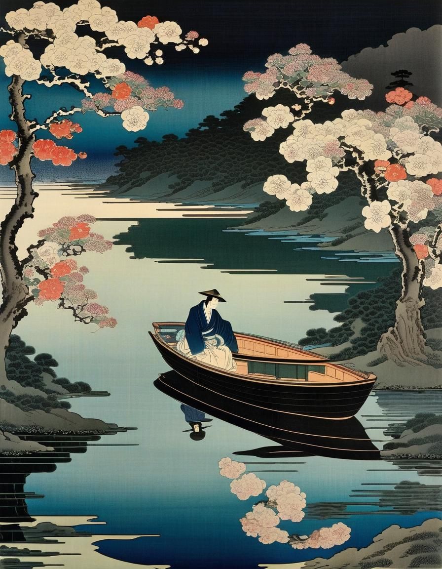 Night Lake Scene in Ukiyo-e Style