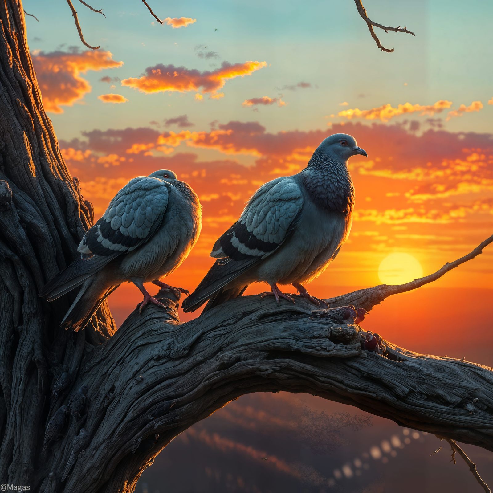 Surreal Sunset Scene of Two Pigeons Perched on a Tree Branch