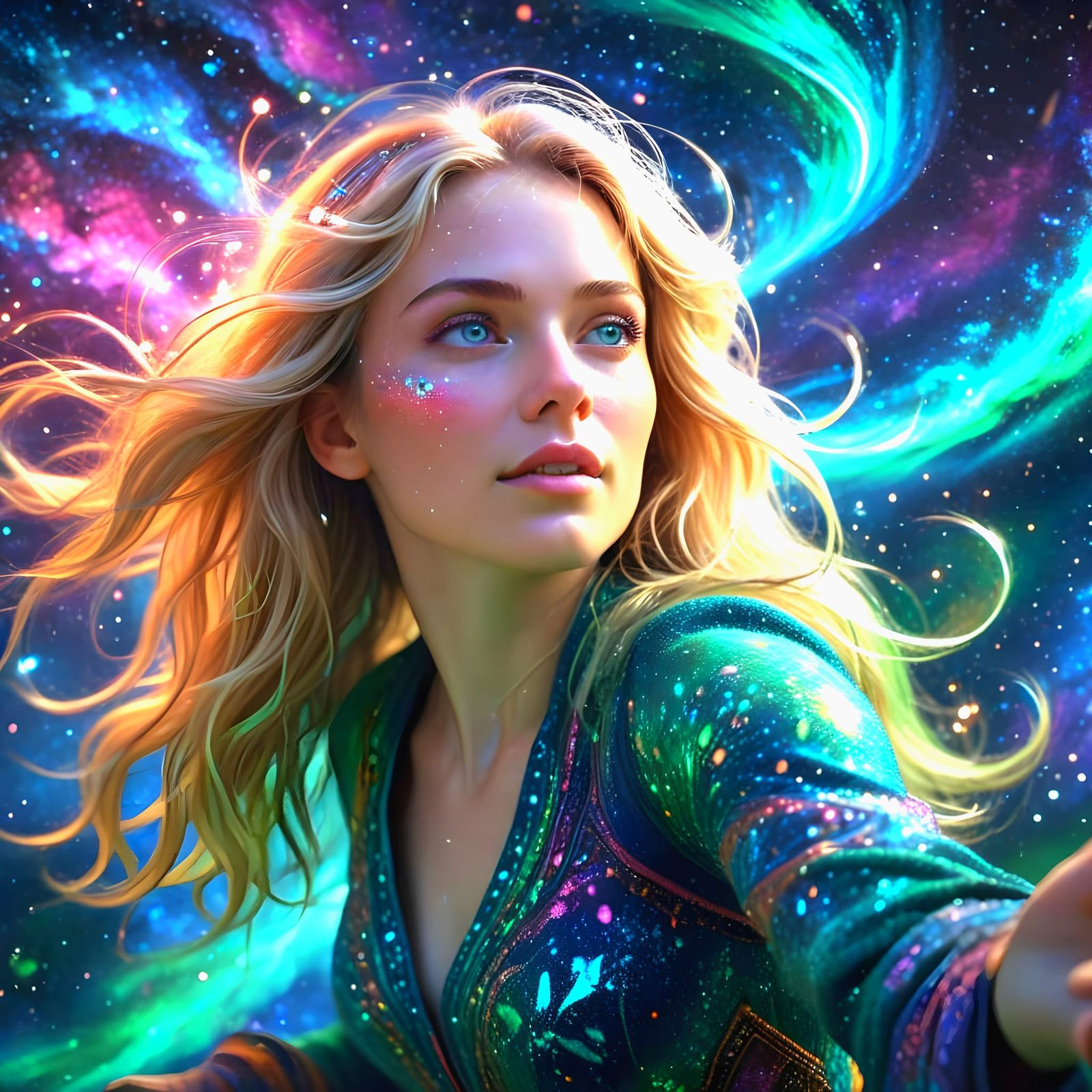 Lovely Woman Soars on Cosmic Carpet amidst Swirling Starligh...