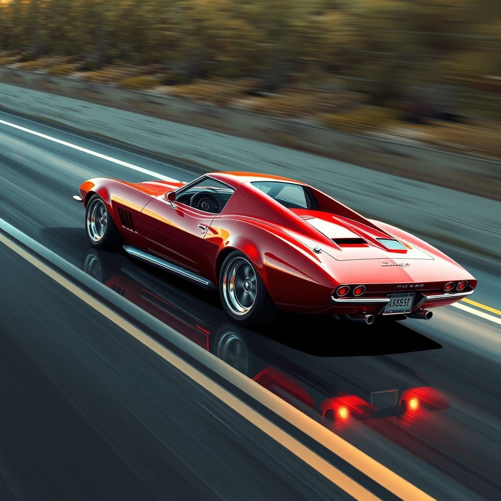 Sleek Red Sports Car Speeds Down Glossy Road in Futuristic S...