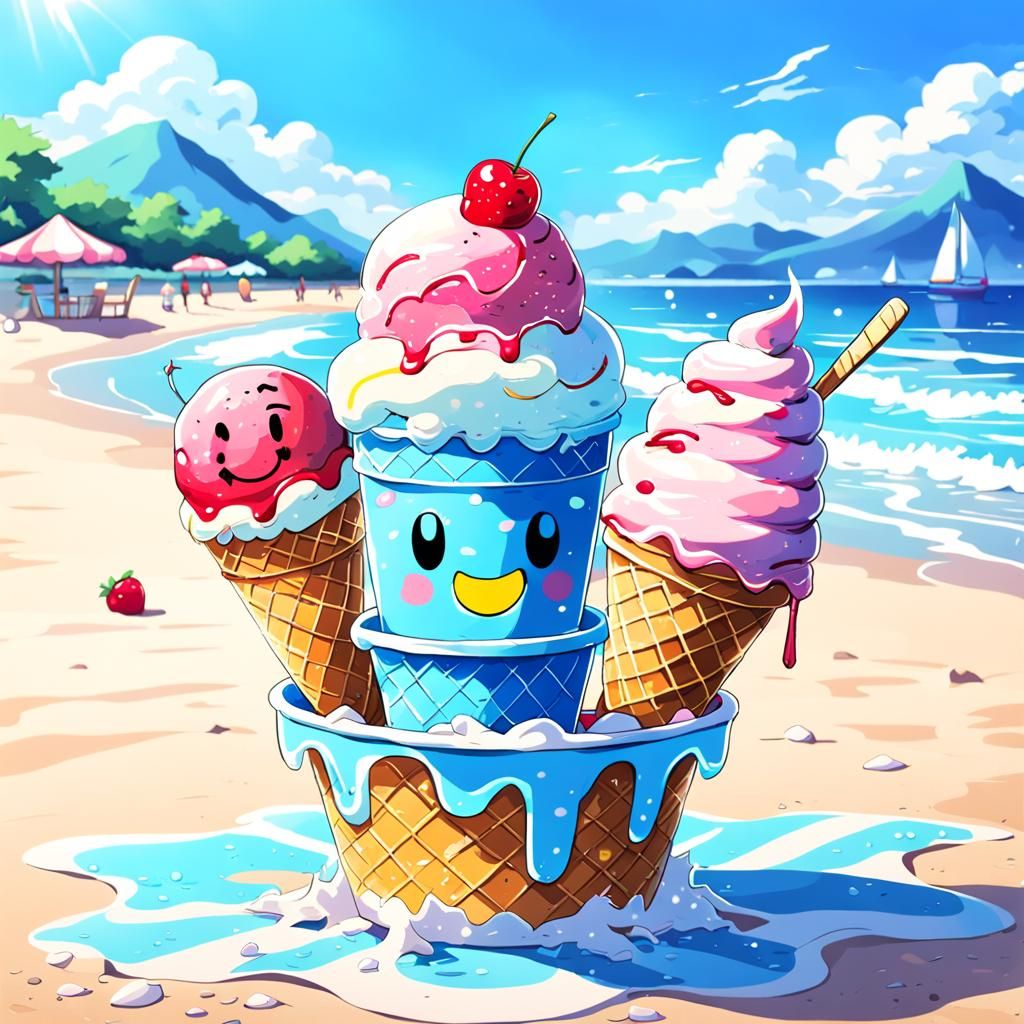 Cute Ice Cream on the Beach in 80s Anime Style