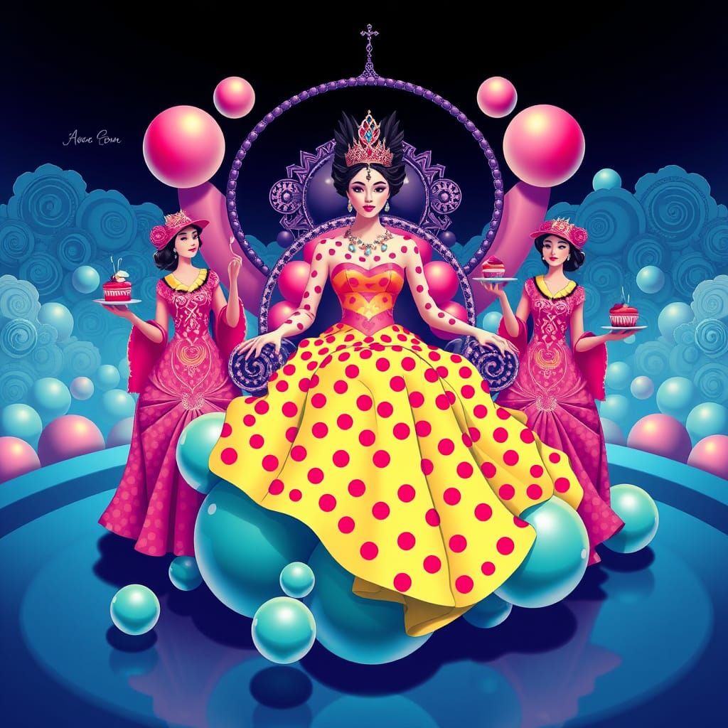 Polkadot Queen on Bubble Throne, Abstract Vector Art