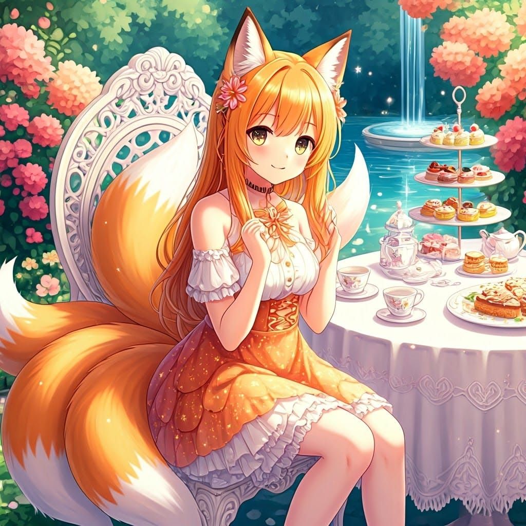 Fox Anime Girl's Magical Tea Party in Flower Garden