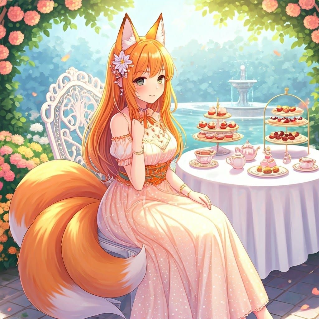 Anime Fox Girl's Magical Tea Party in Flower Garden