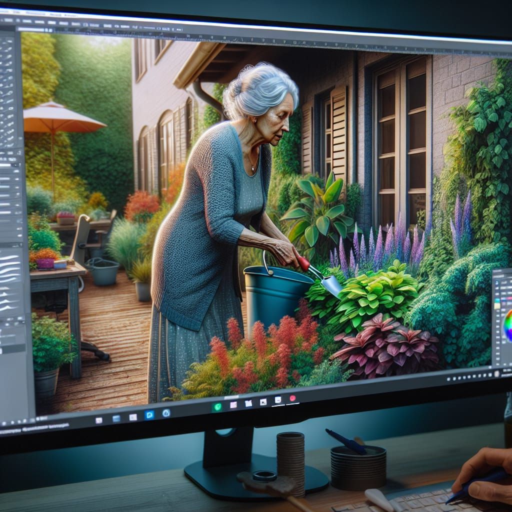 Elderly Woman Gardening in Office, Hyperrealistic Image