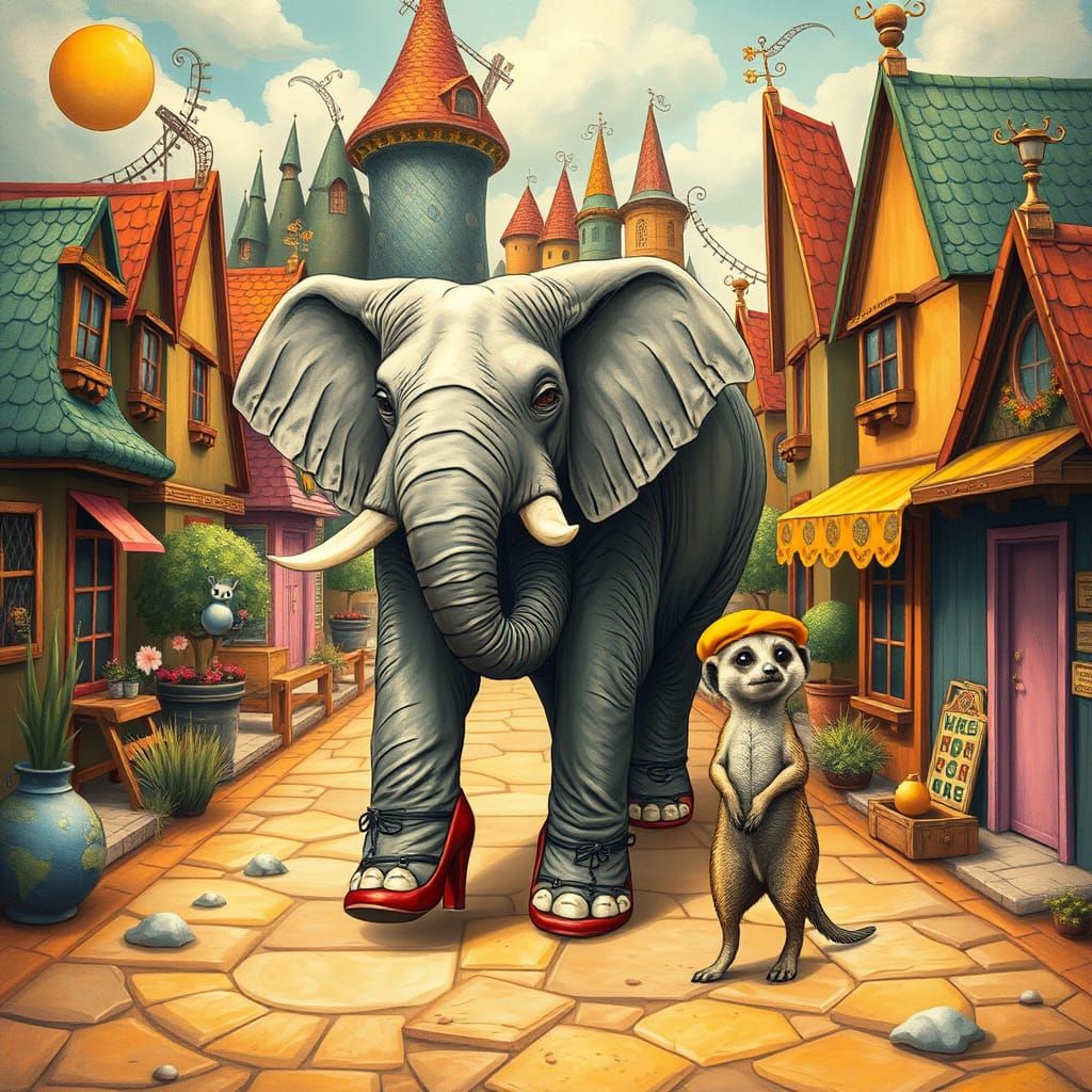 Elephant and Meerkat in Surreal Animal Town