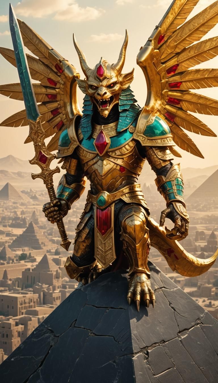 Jeweled Gargoyle Knight Roaring Over Egypt