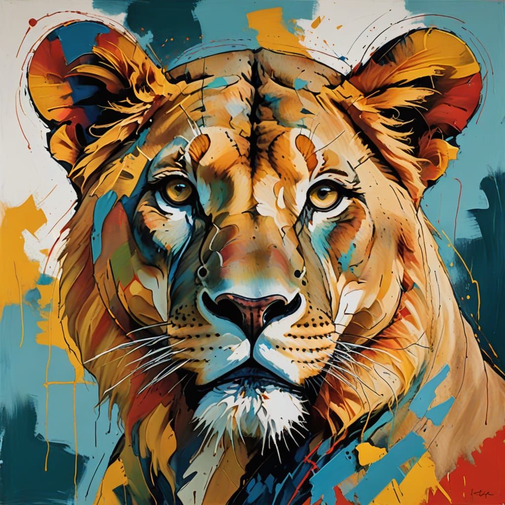 Abstract Expressionist Lioness Portrait with Bold Brushstrok...