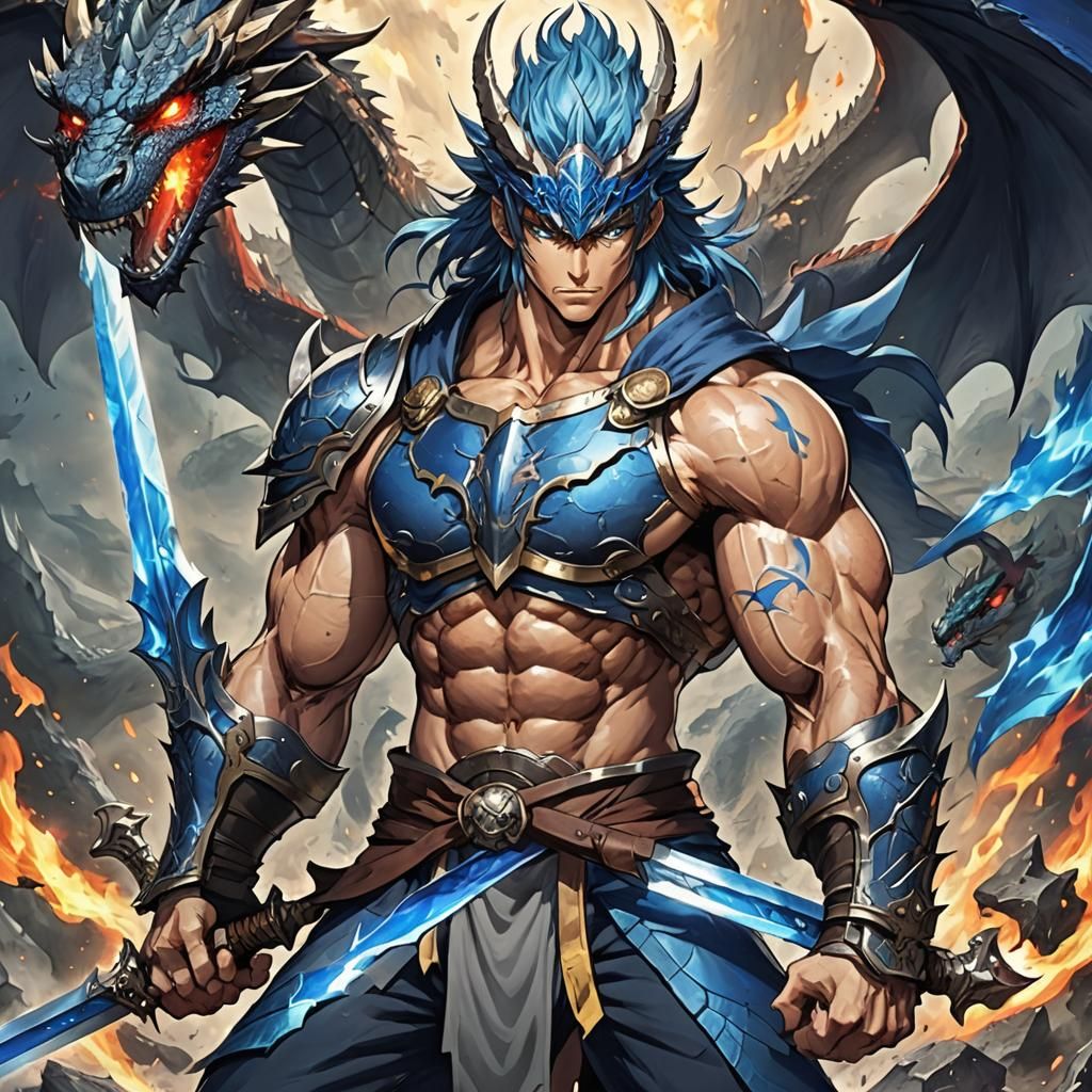 Dragon Warrior with Flaming Sword, Anime Style