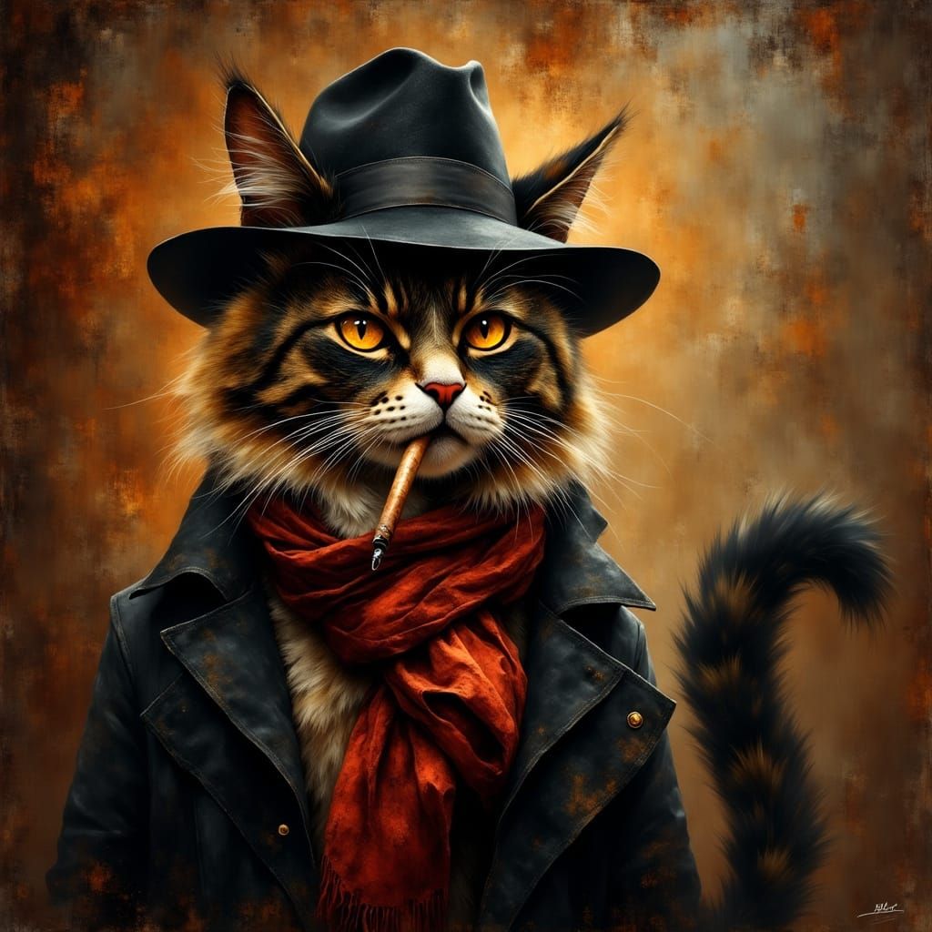 Mafia Cat in Fedora and Scarf, Film Noir Style
