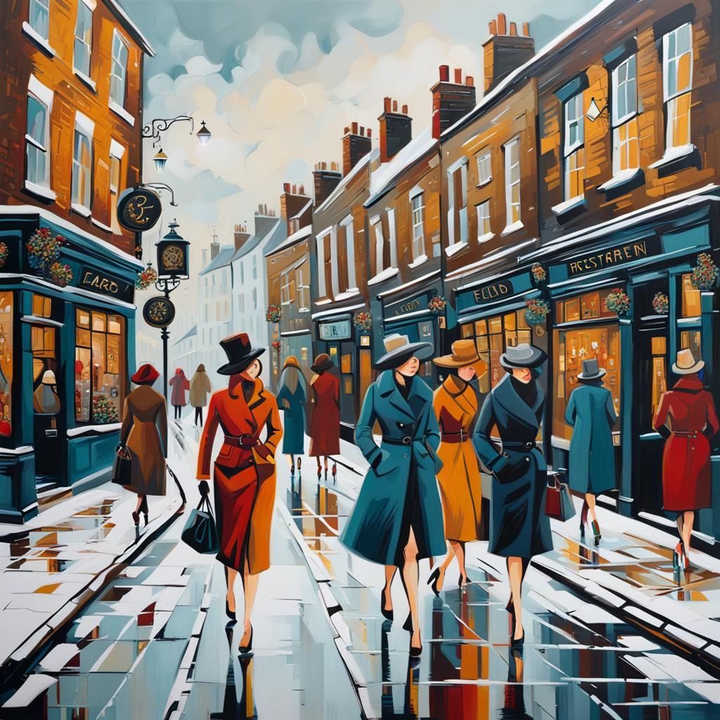 Women Entering Bar in Winter Town: Abstract Art