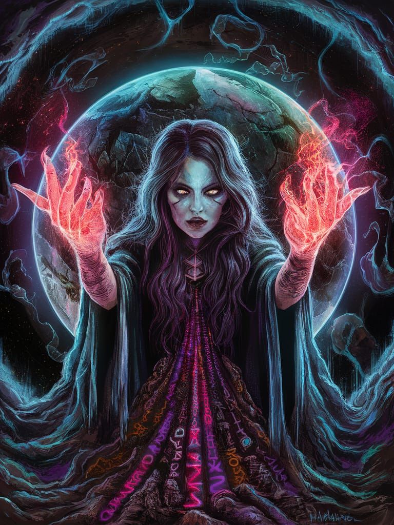 Gothic Sorceress Casting Spells in Psychedelic Astral Art
