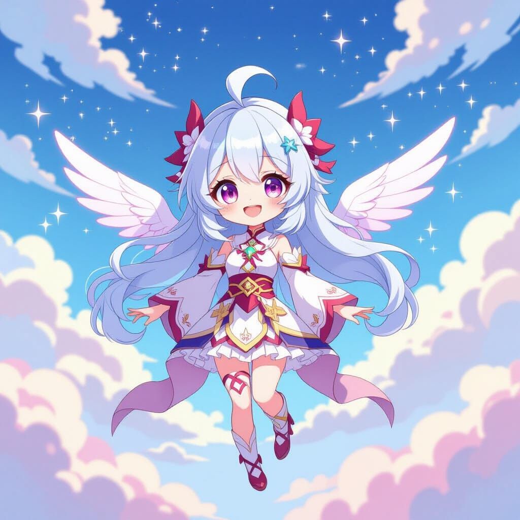 Paimon Floating in a Pastel Sky