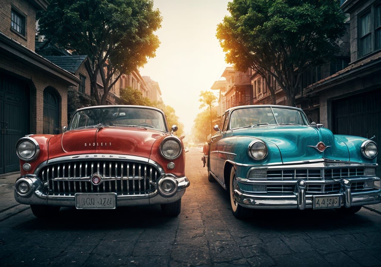 1950s Cars Stare Across Street in Surreal Digital Art