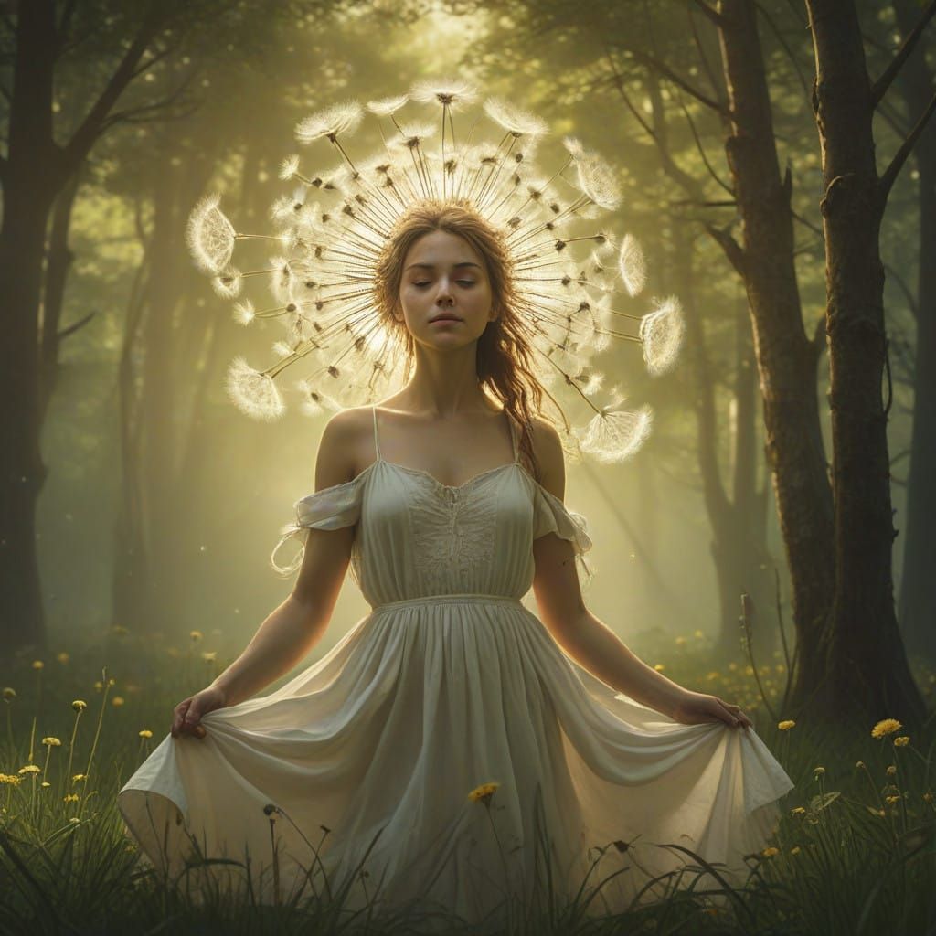 Whimsical Dandelion Goddess in Vibrant Meadow