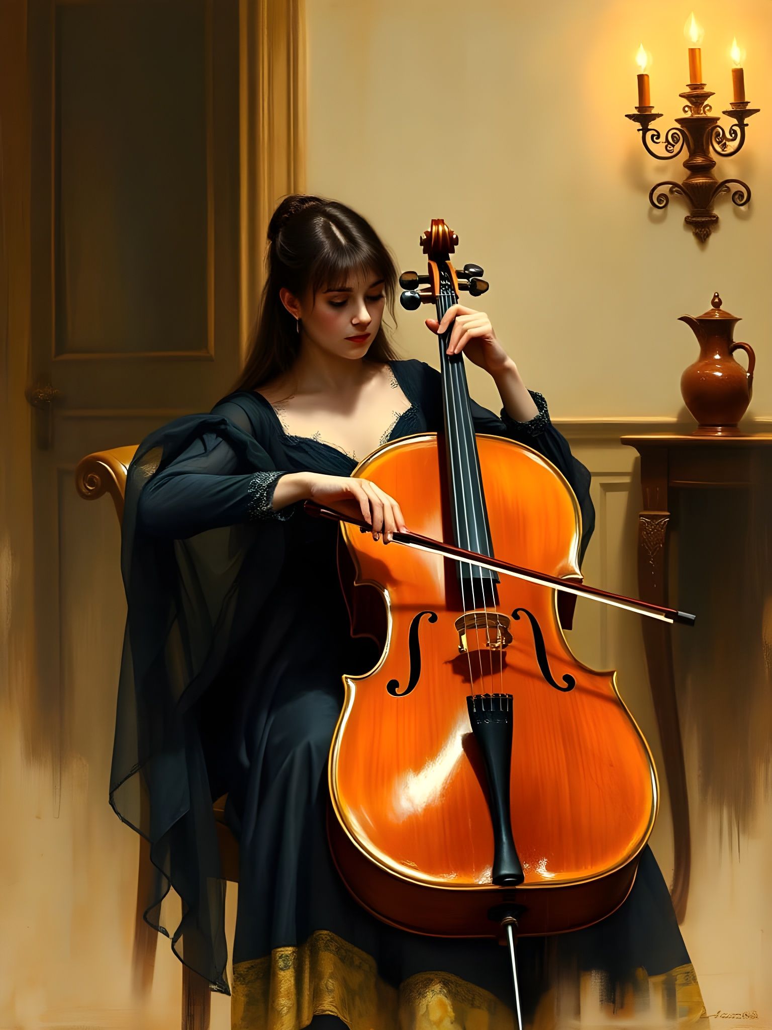 Elegant Cellist Playing Cello in Illustrative Style