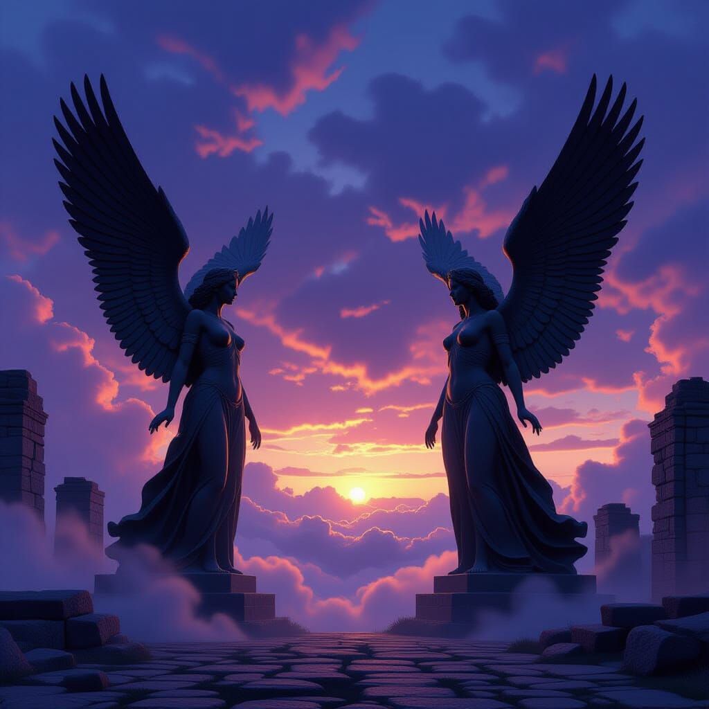 Majestic Stone Statues Guarding a Mystical Portal