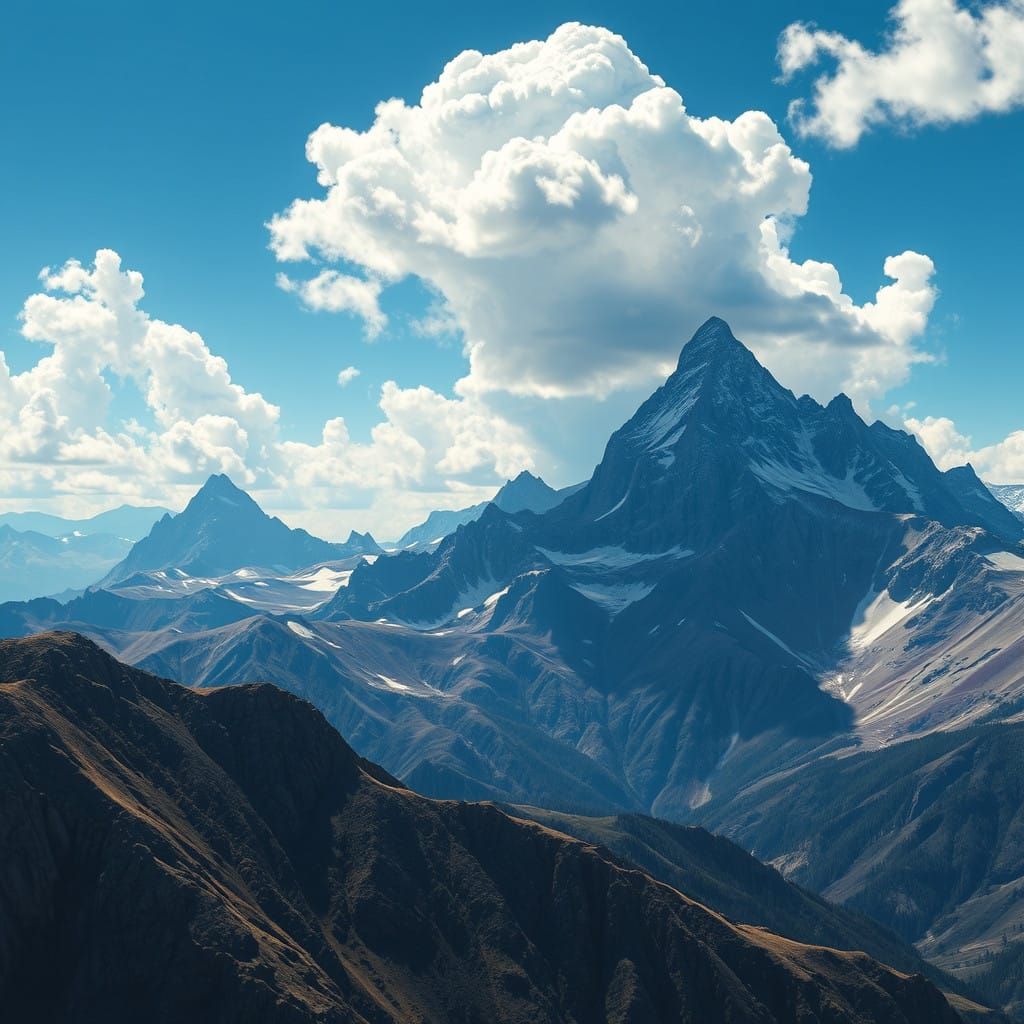 Mountain Peaks Soar Towards a Brilliant Blue Sky in Epic Fan...