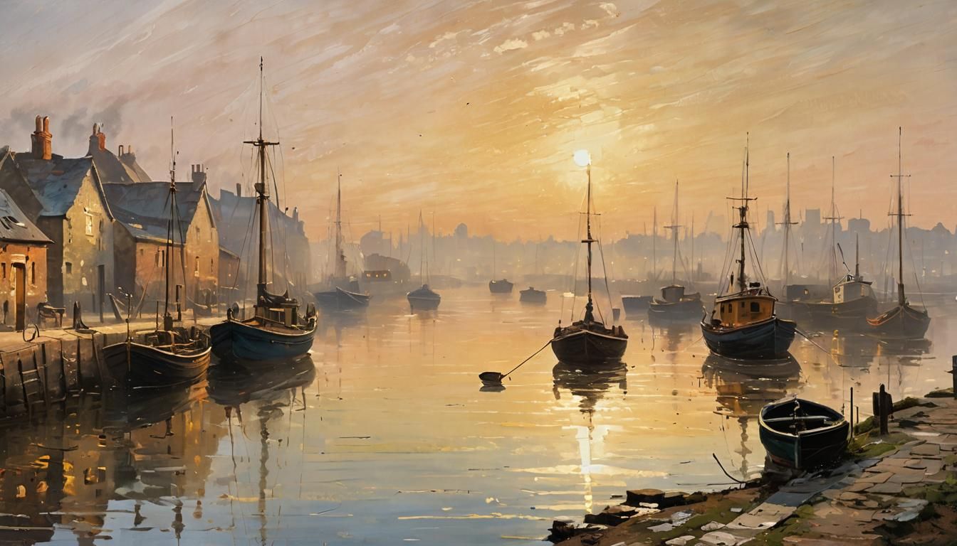 Sunrise at Fishing Harbour: Impressionist Landscape Painting
