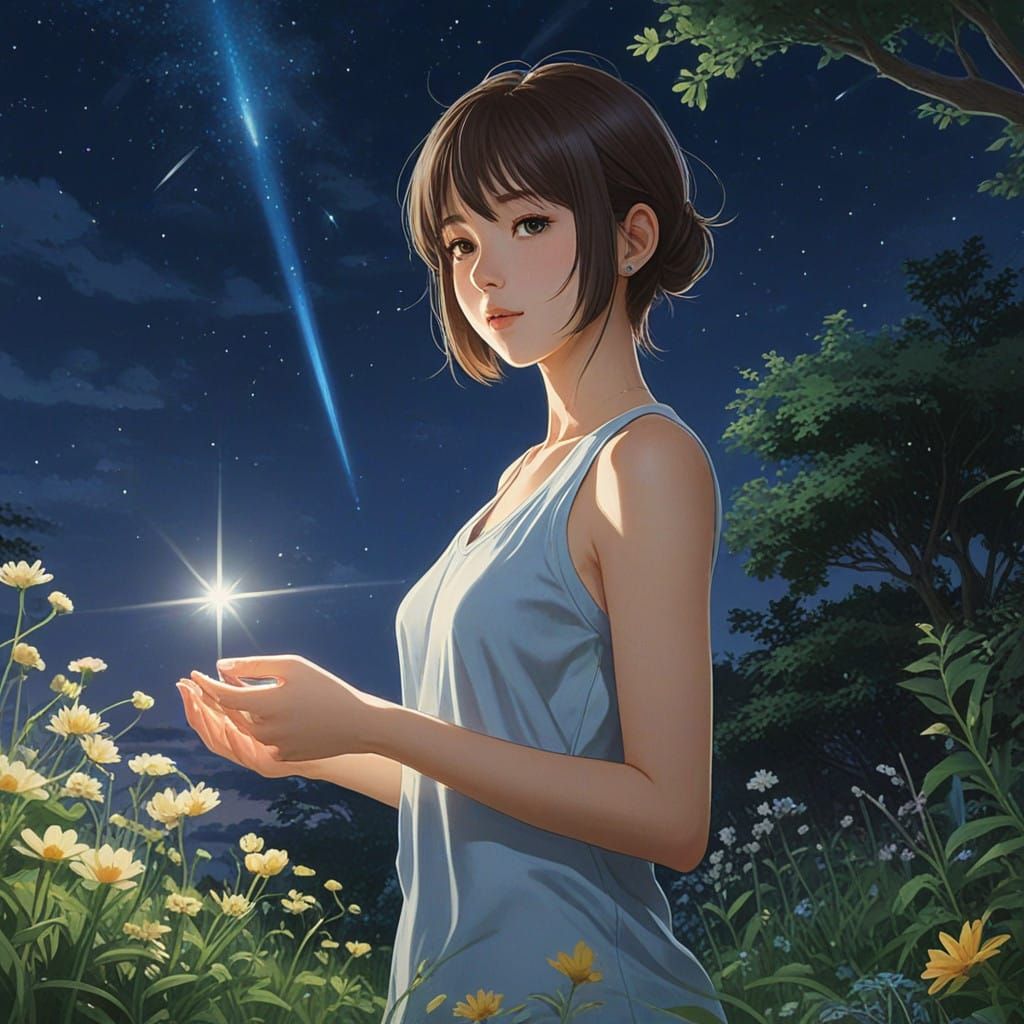 Celestial Dreamer in Moonlit Garden Reaches for Shooting Sta...