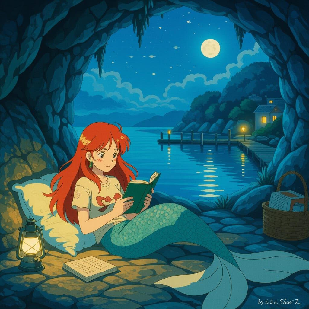 Mermaid Reading by Lantern Light in Coastal Grotto