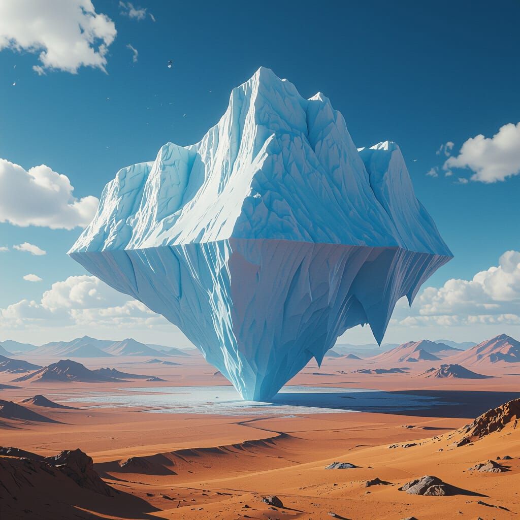 Iceberg Floats Above Desert Landscape in Digital Art