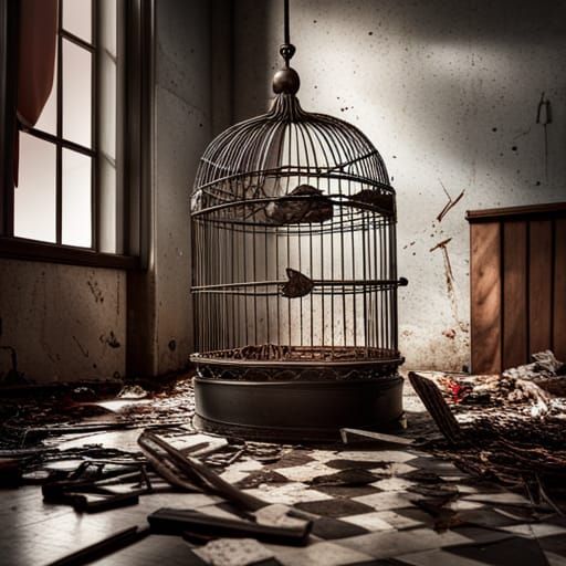 Hyperrealistic Broken Birdcage in Messy Room