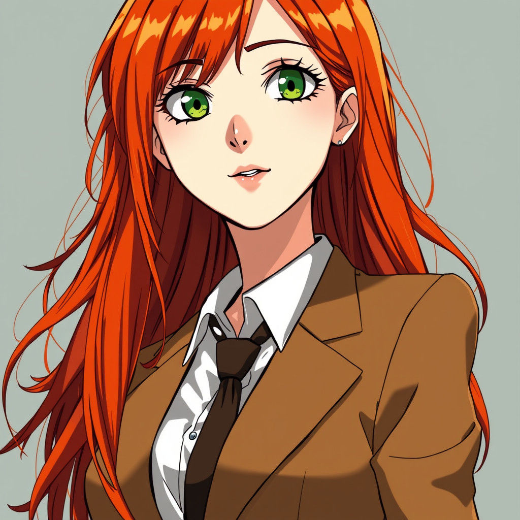 Anime Style Woman with Red Hair in Business Suit