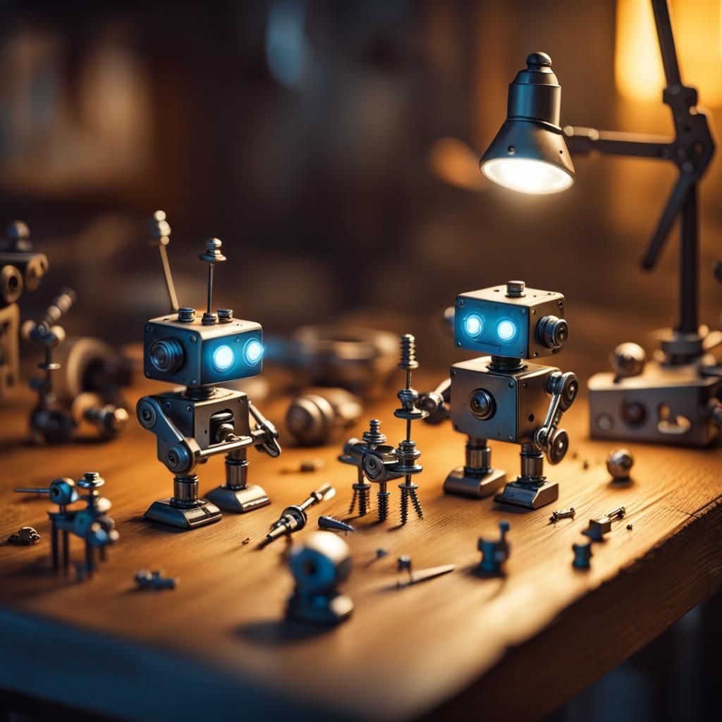 Detailed Miniature Robots Building a Town
