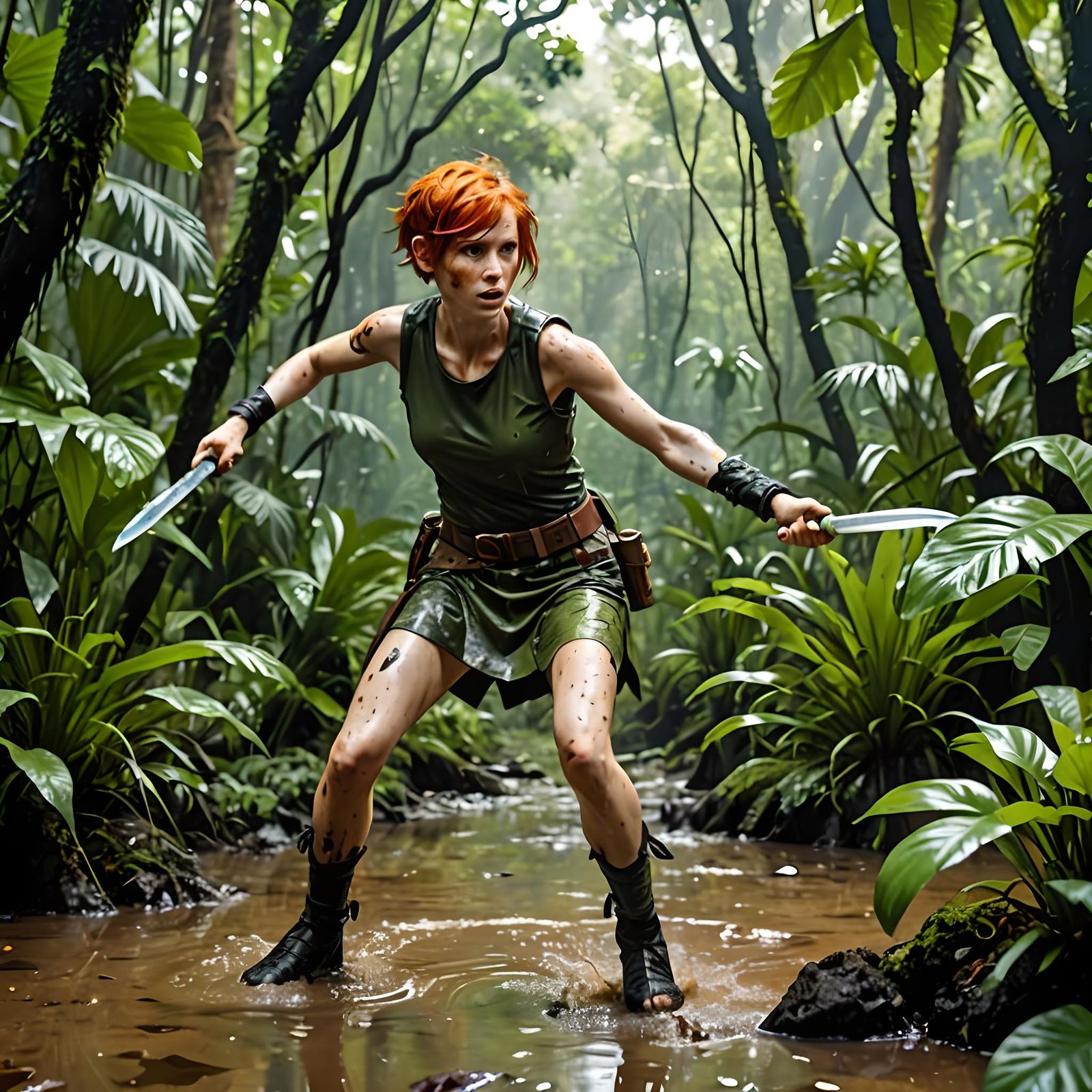 Redhead Girl Fighting Slime Warriors in Jungle