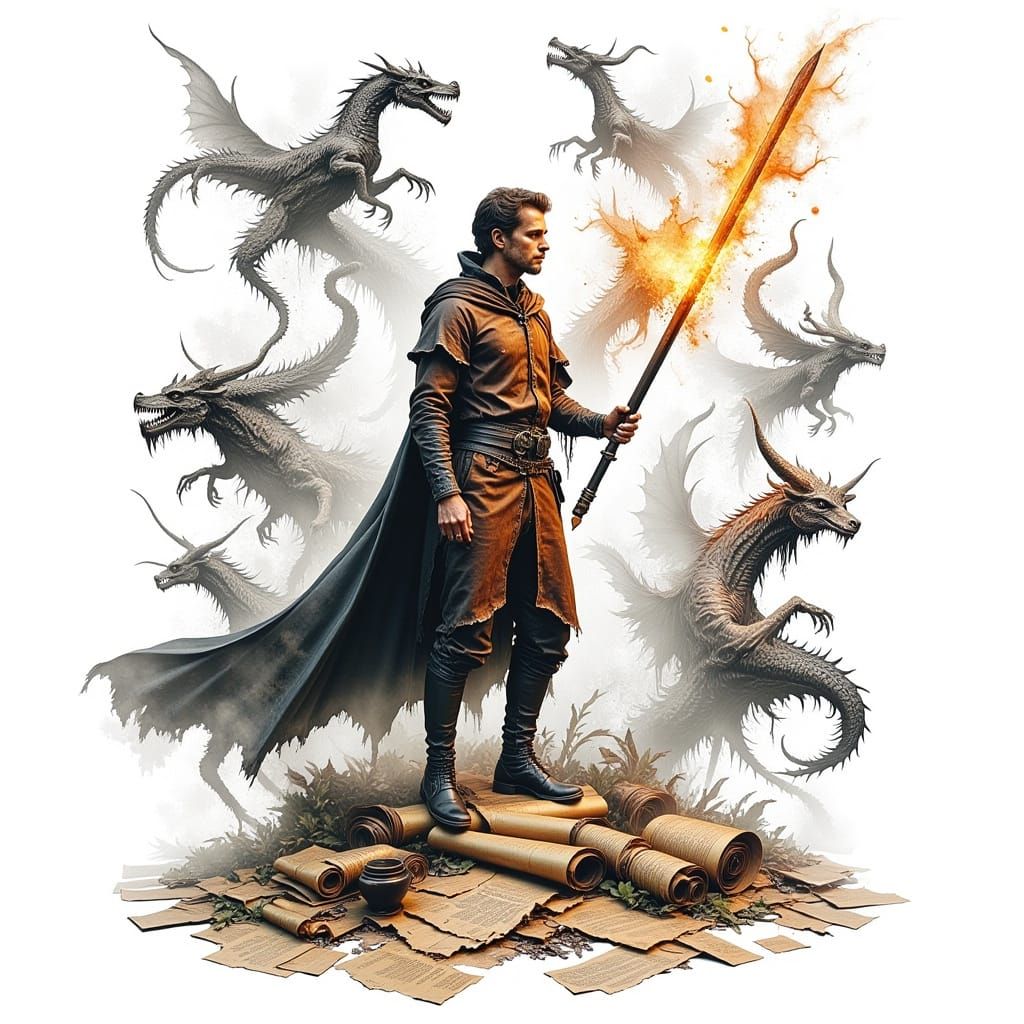 Heroic Myth Creator with Glowing Pencil Illustration