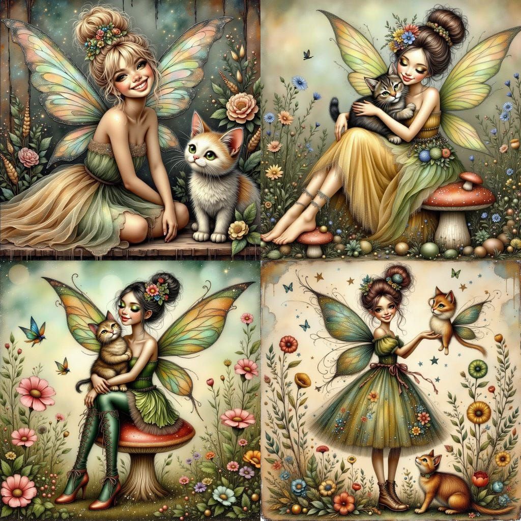 Whimsical Folk Art Fairy with Feline Companion