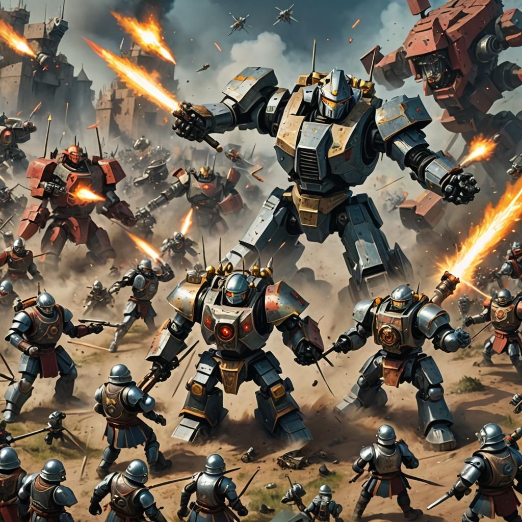 Medieval Army Versus Giant Robot in Epic Battle