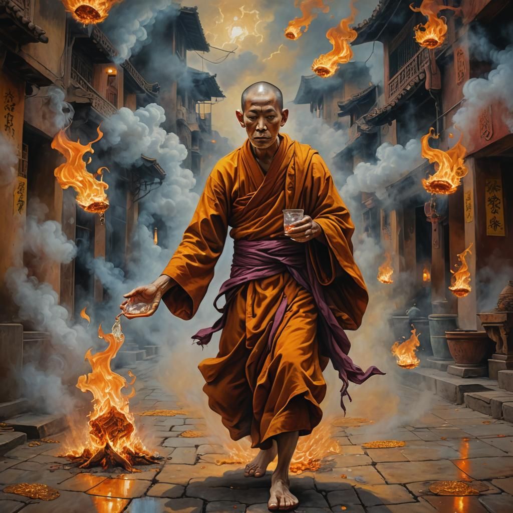 Monk Walks on Fire in Surreal Photorealism Art