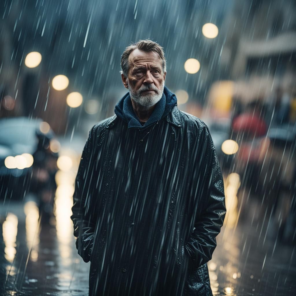 German Man Reflecting in the Rain