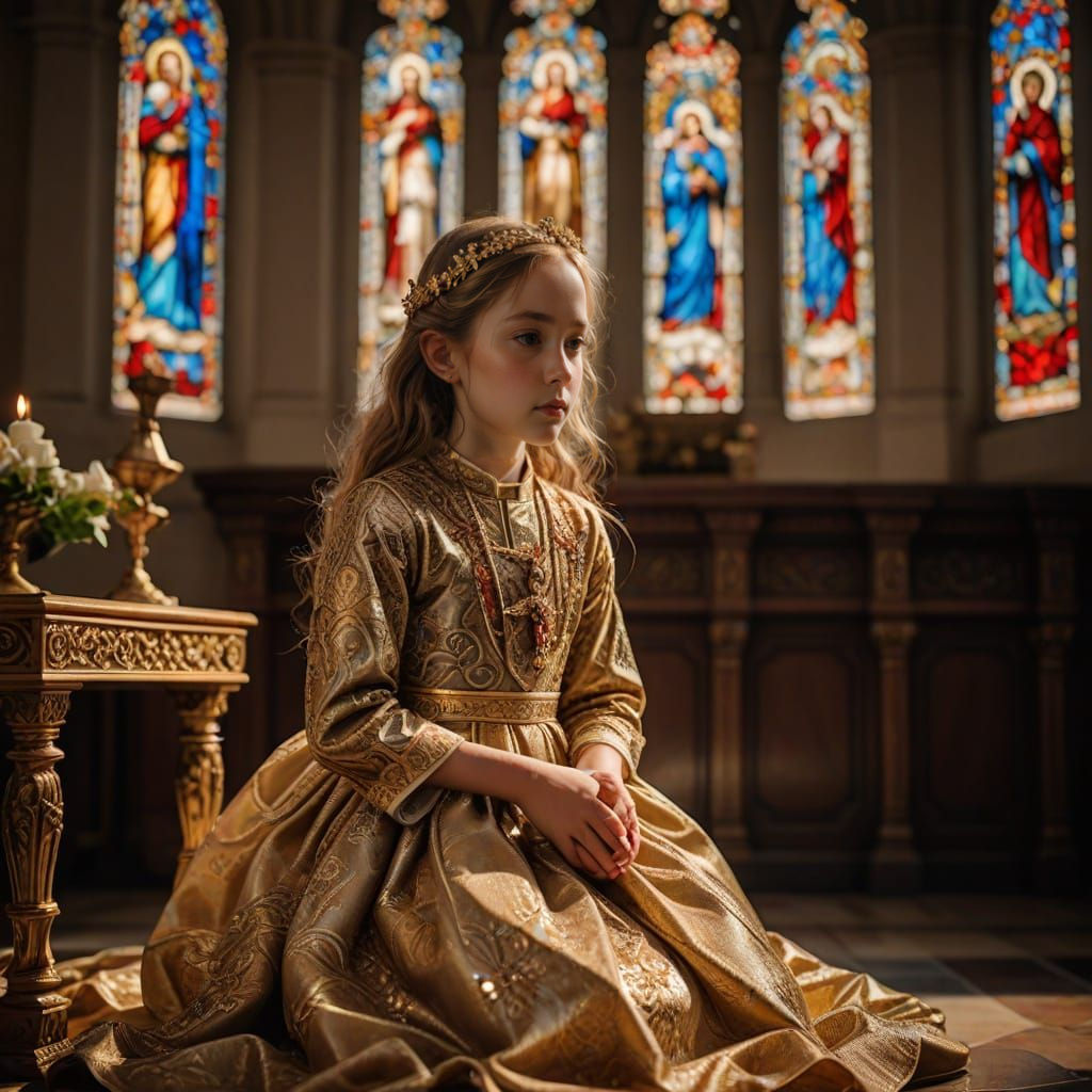 Elegant Girl in Golden Hair Jewelry and Modest Modern Dress ...